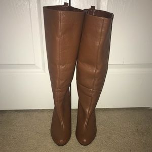 Knee high, brown leather, wedge, wide calf boots